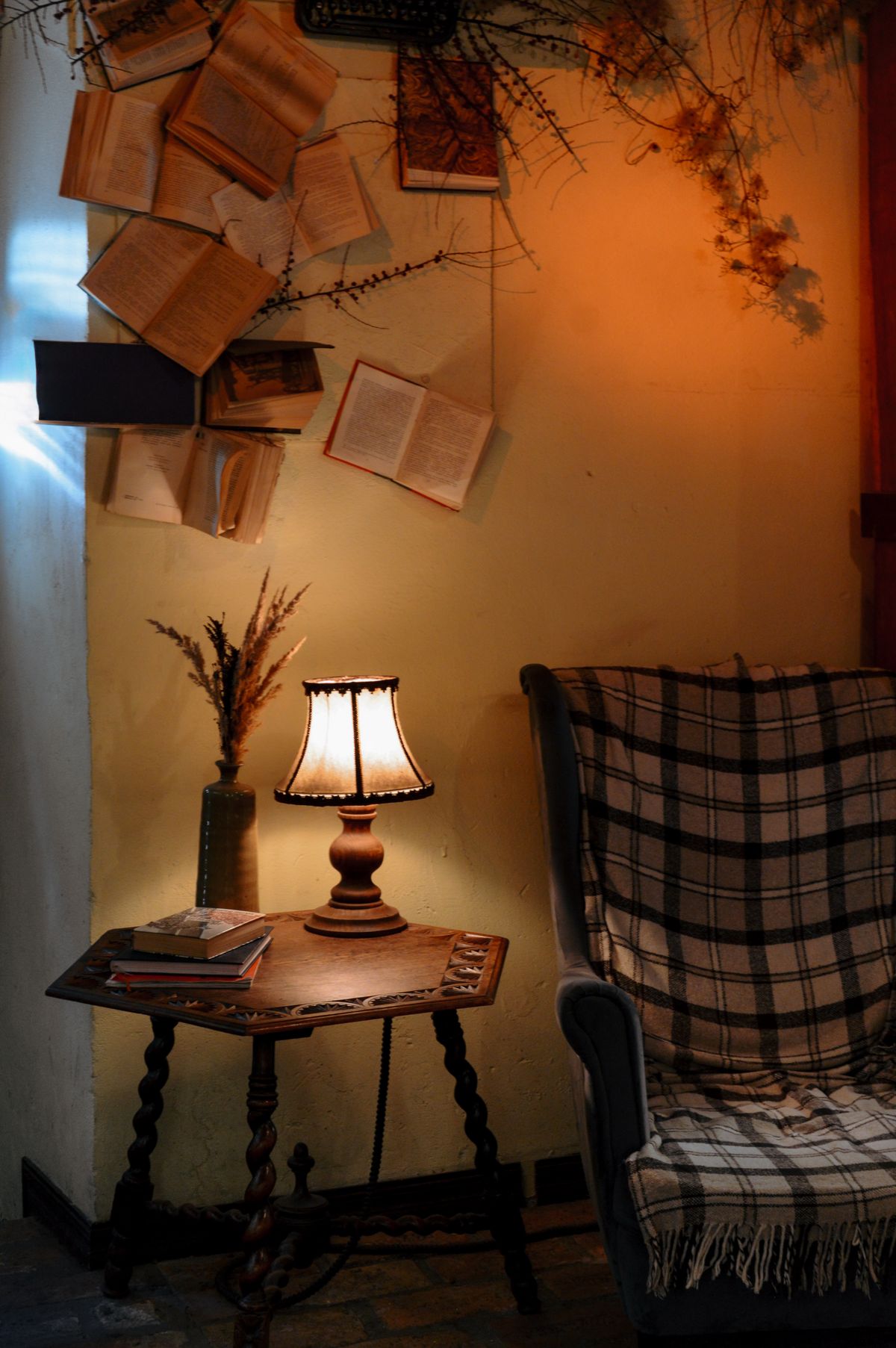 Armchair beside a lamp and books