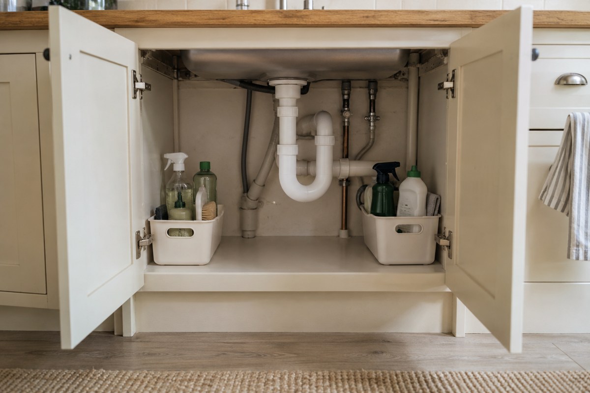 Removable baskets under a sink with clear space around the pipes