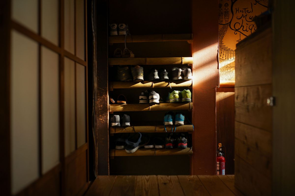 Trainers arranged on a shoe rack