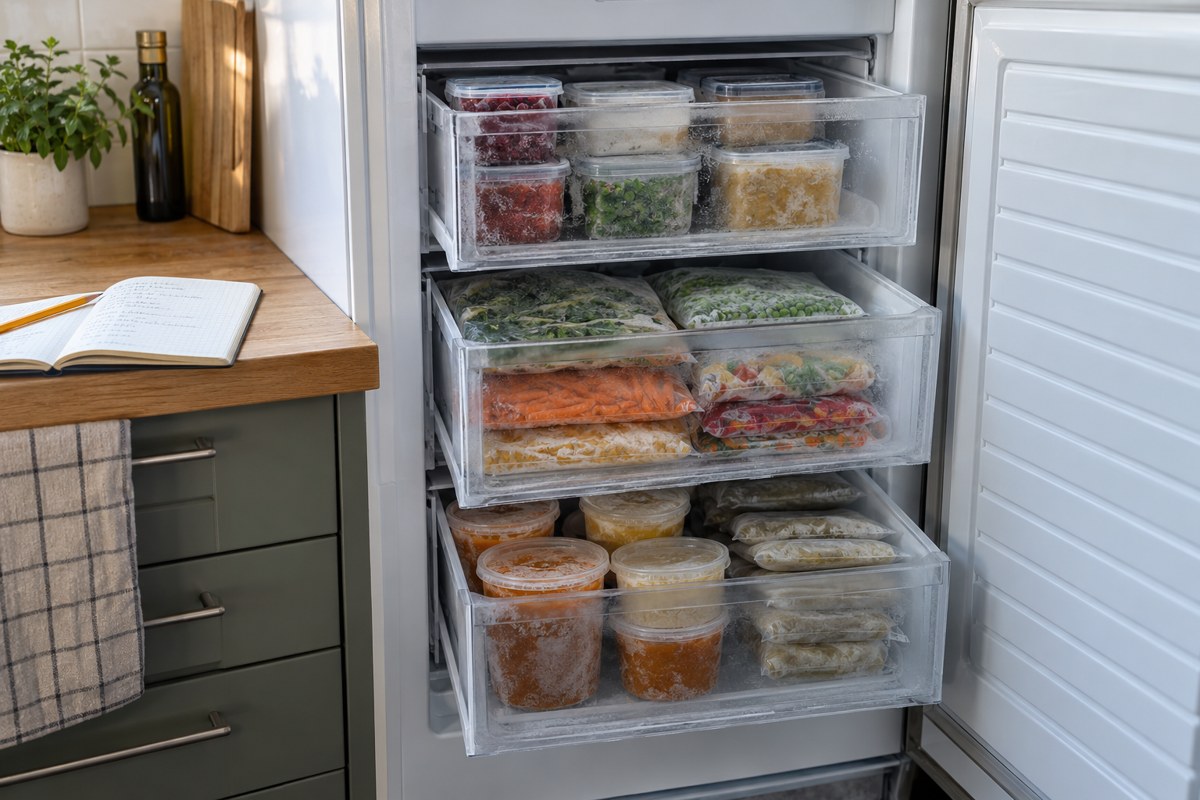 Food separated into freezer drawers beside an inventory notebook