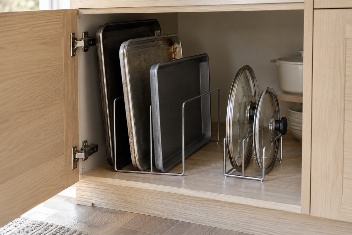 Baking trays and lids stored in upright dividers