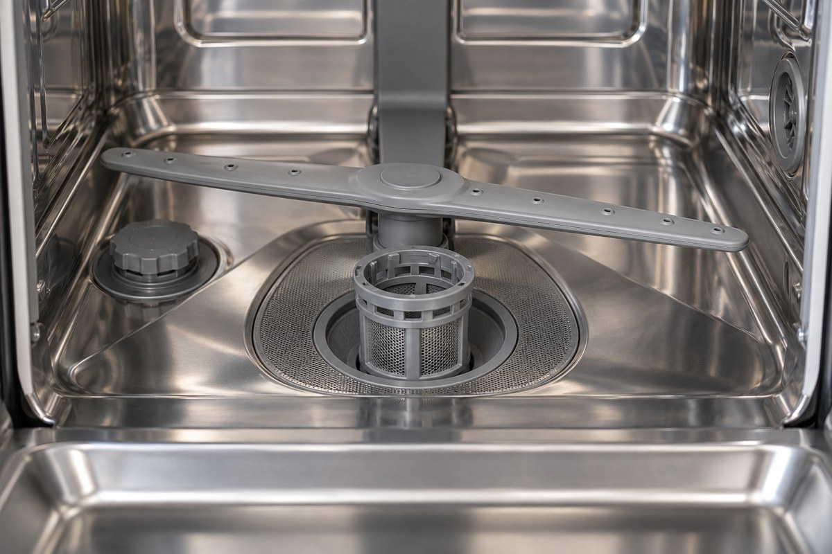 Illustrative view of a dishwasher filter and spray arm