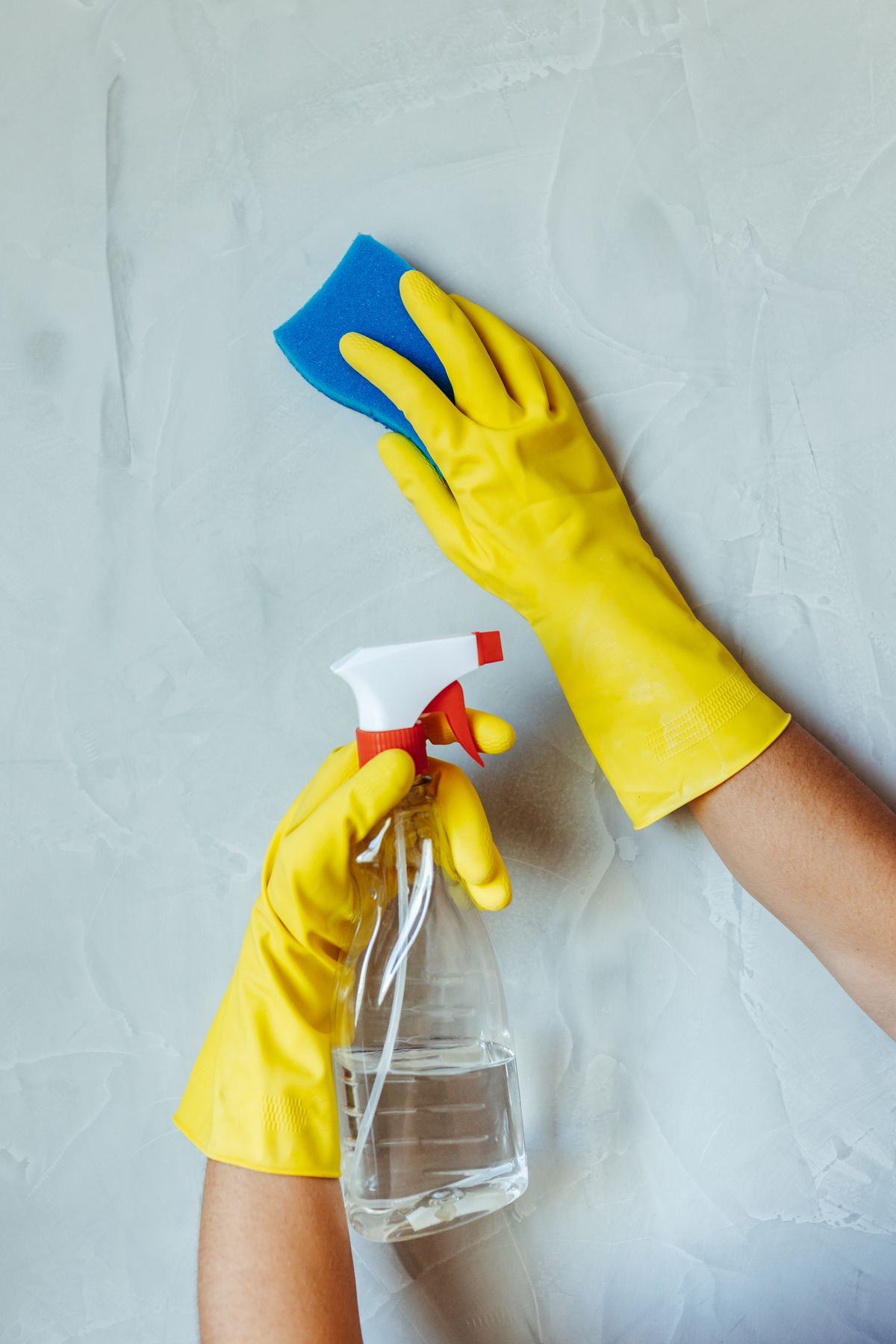 A gloved hand cleans a wall with a sponge