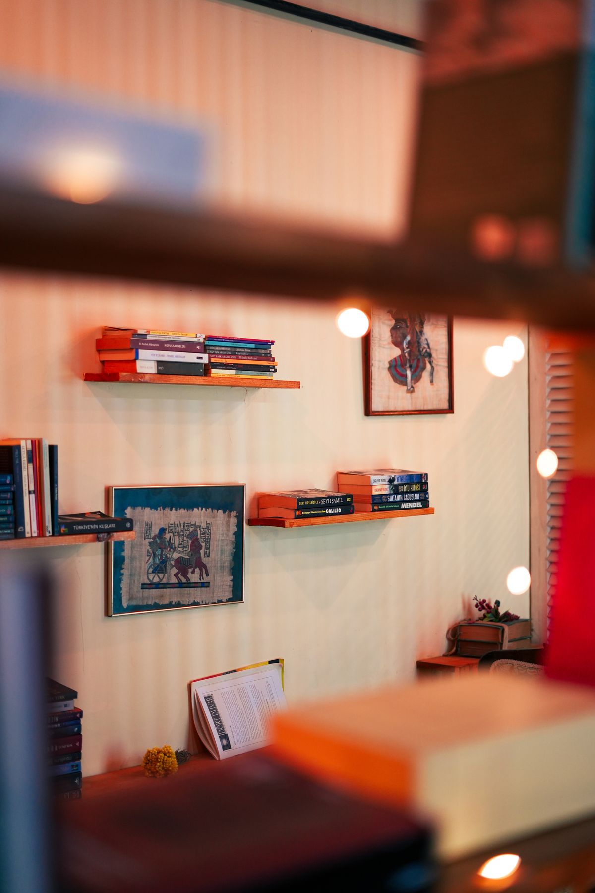 Books on shelves positioned at different heights