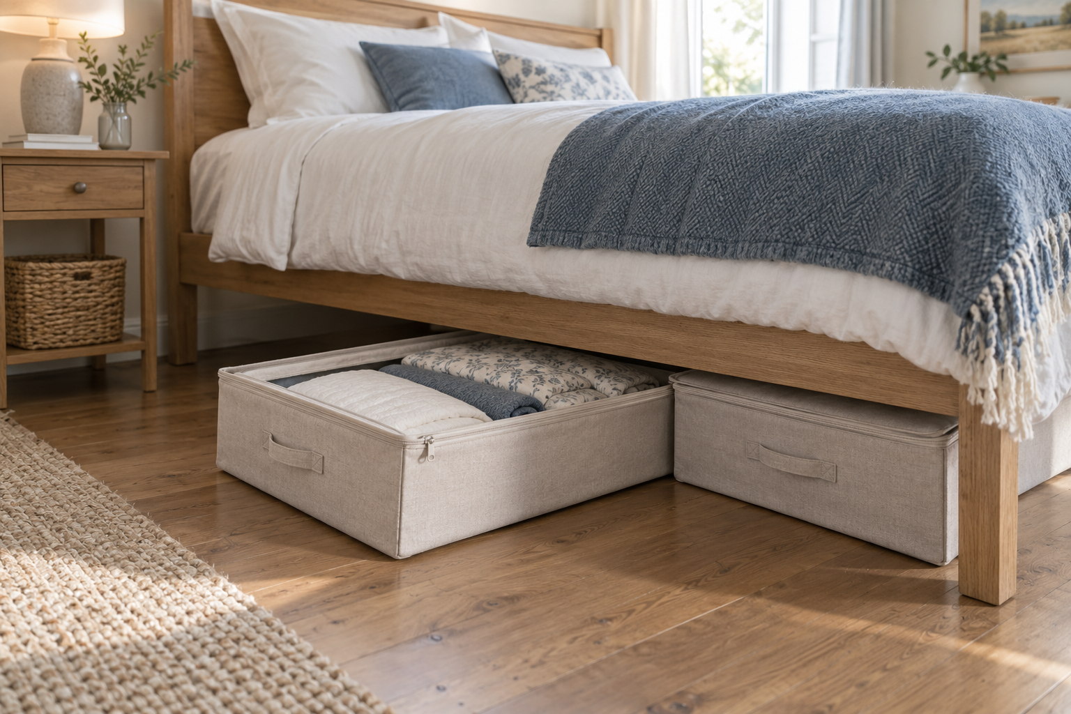 Illustrative scene of fabric boxes beneath a bed