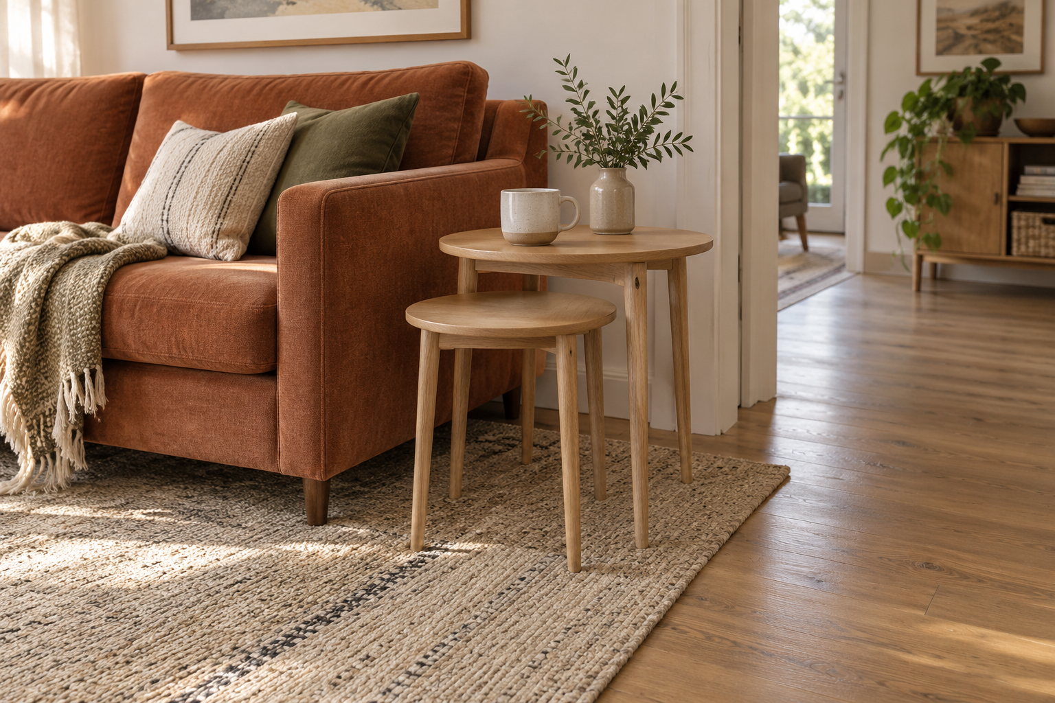 Illustrative scene of two wooden nesting tables