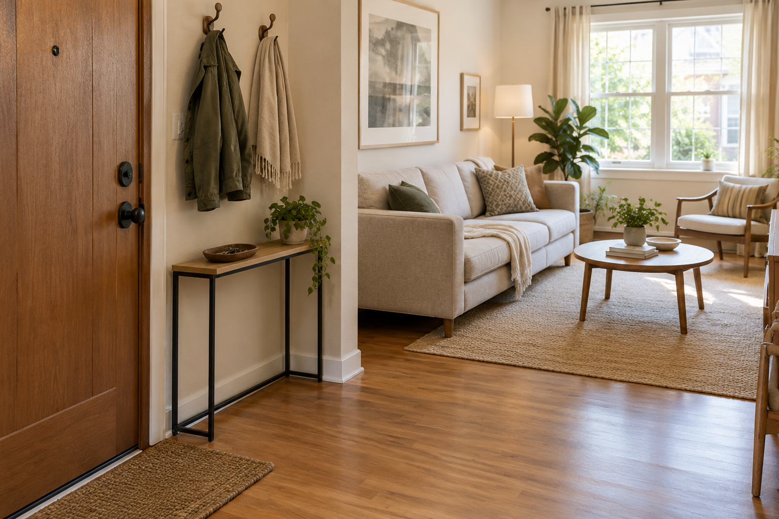 Illustrative scene of a front entrance opening directly into a living room
