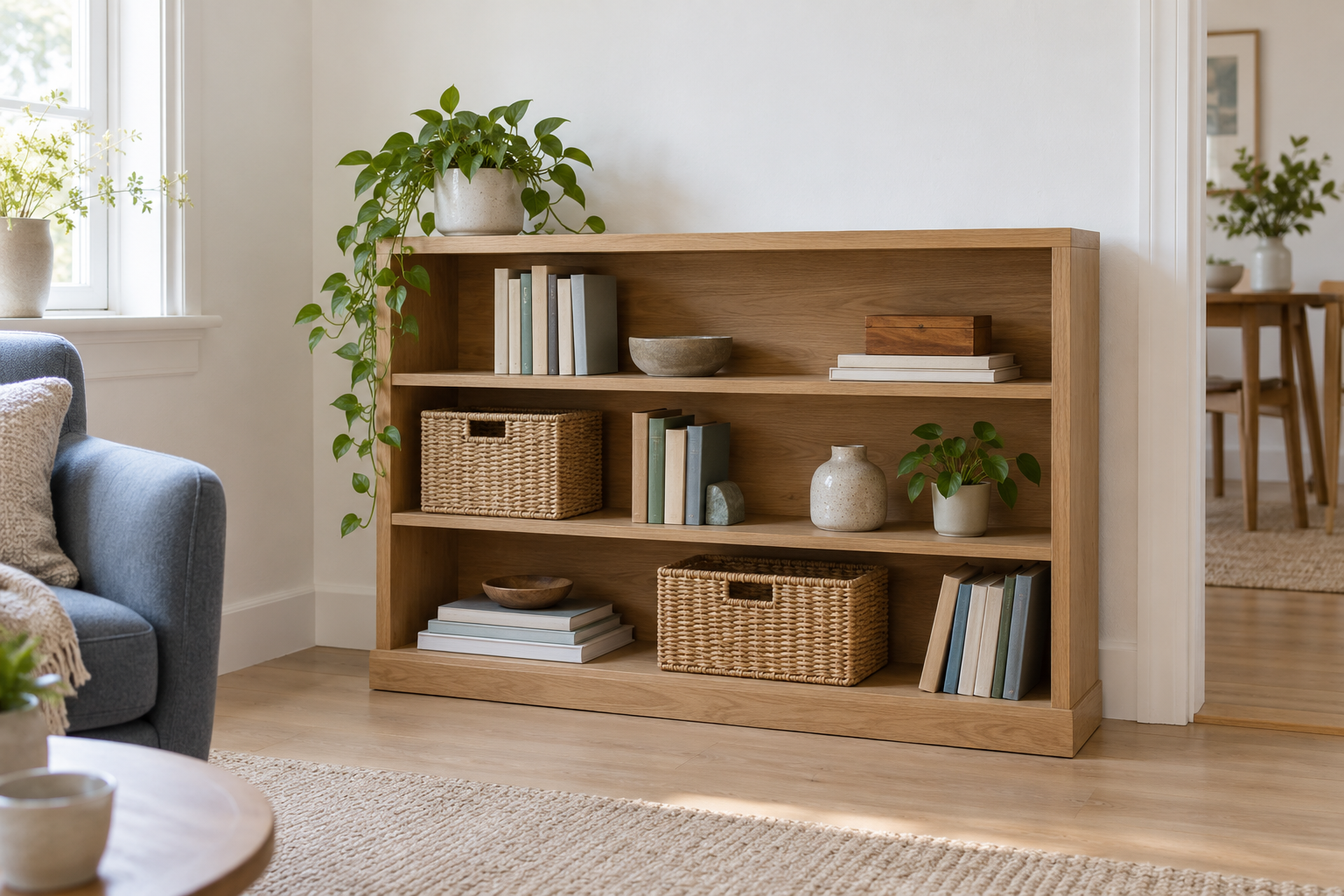 Illustrative scene of a low bookcase with books and baskets