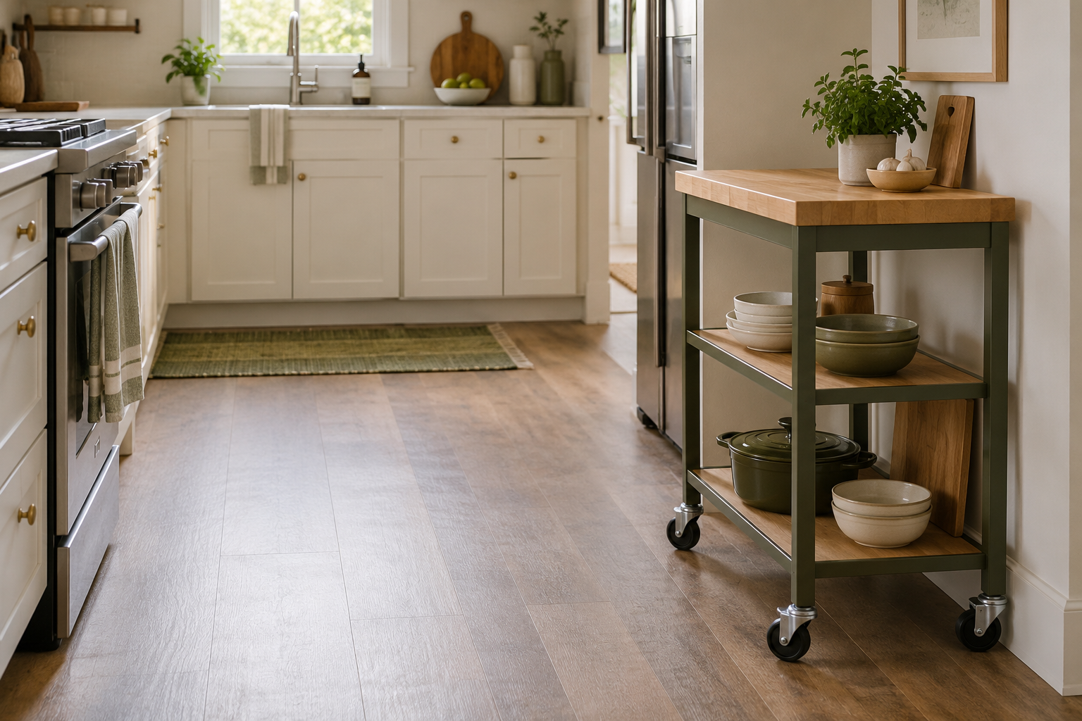 Illustrative scene of a wheeled trolley beside kitchen cabinets