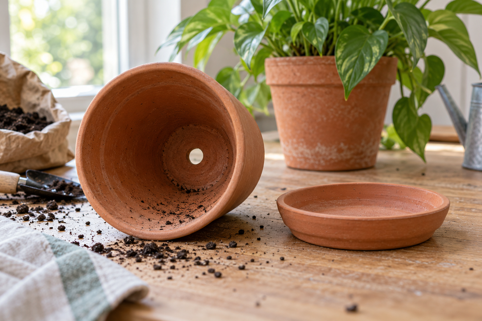 Illustrative scene of a pot with a drainage hole and separate saucer